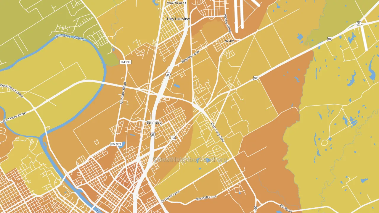 Map of the best neighborhoods in the Bellmead area, with better matches in green and worse matches in red