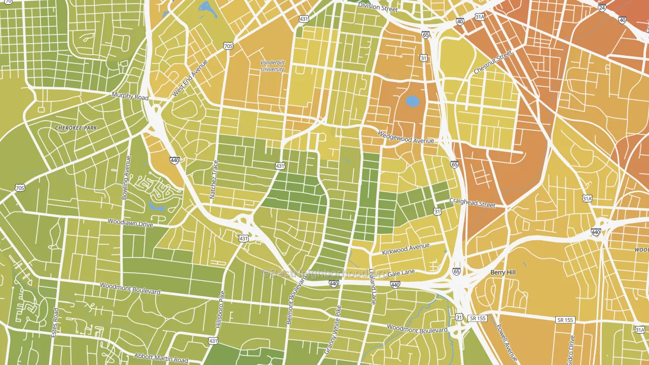 Map of the best neighborhoods in the Bellmont Hillsboro, Nashville area, with better matches in green and worse matches in red