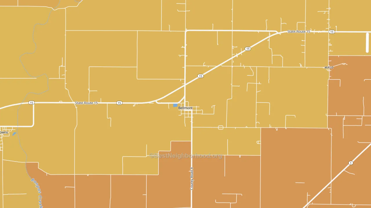 Map of the best neighborhoods in the Bellmont area, with better matches in green and worse matches in red