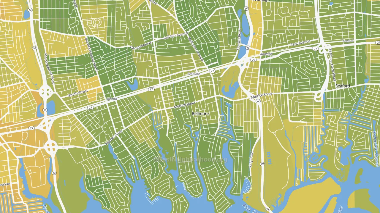 Map of the best neighborhoods in the Bellmore area, with better matches in green and worse matches in red