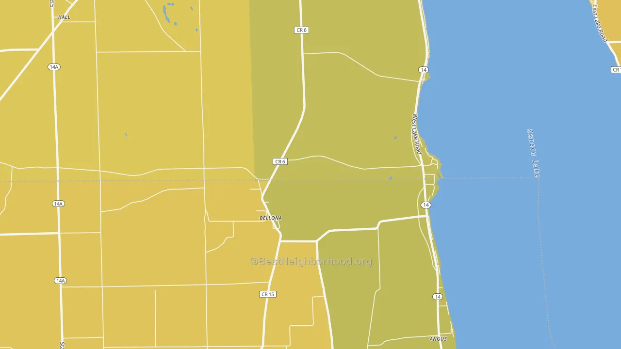Map of the best neighborhoods in the Bellona area, with better matches in green and worse matches in red