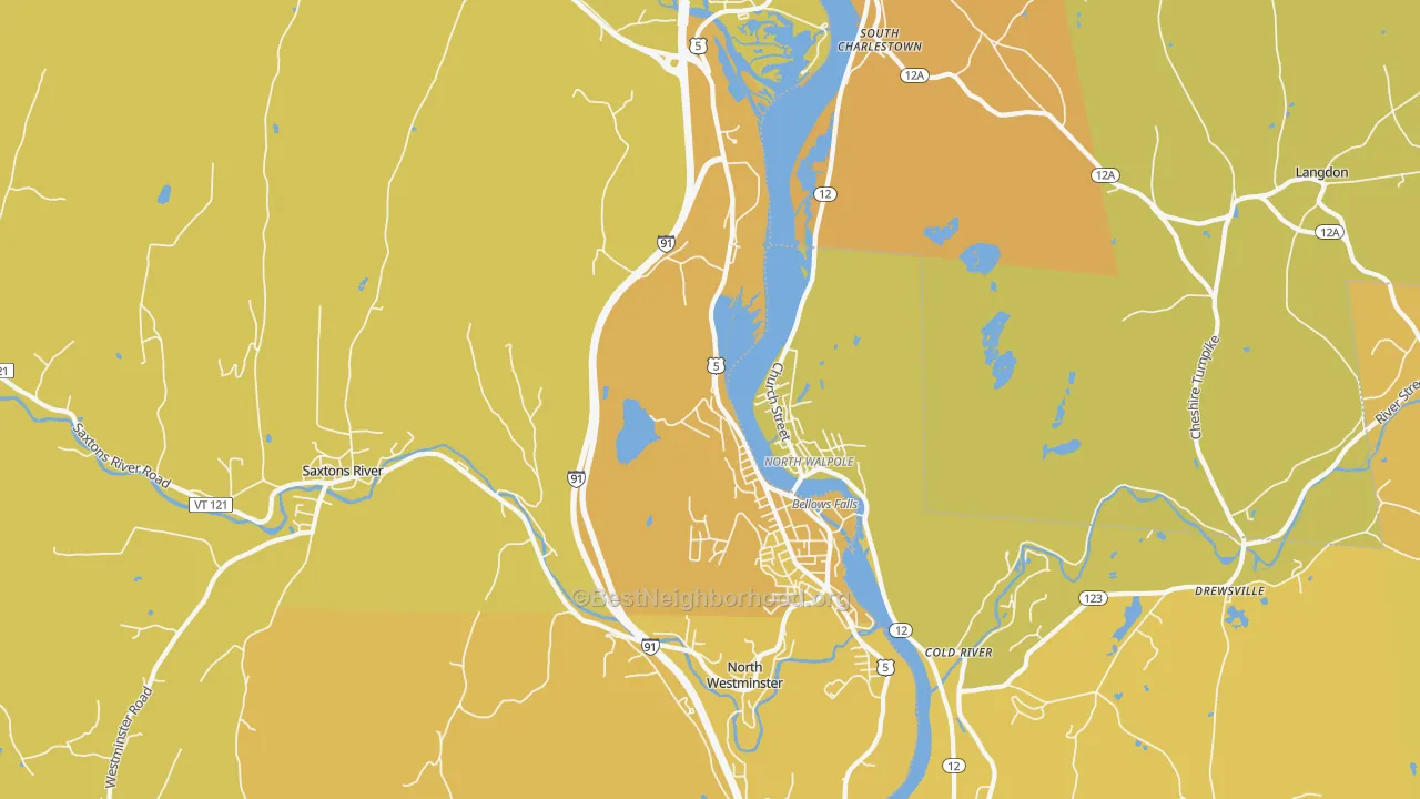 Map of the best neighborhoods in the Bellows Falls area, with better matches in green and worse matches in red