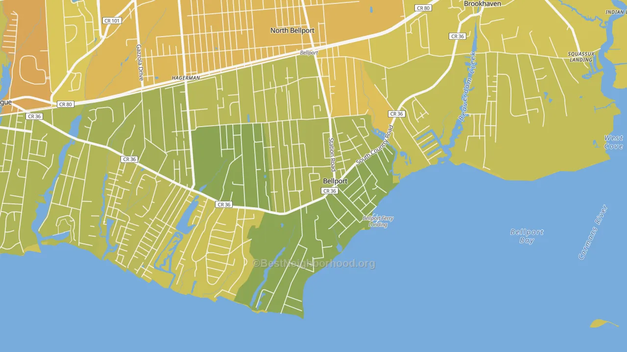 Map of the best neighborhoods in the Bellport area, with better matches in green and worse matches in red