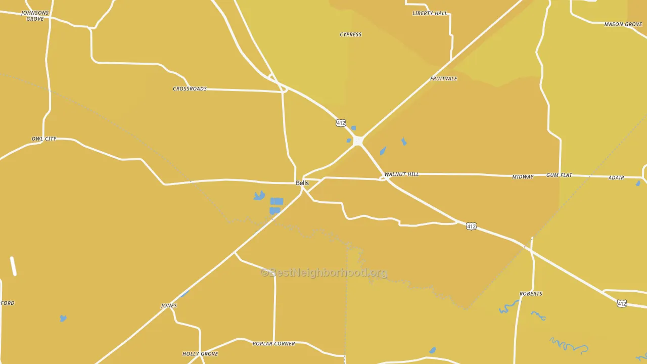 Map of the best neighborhoods in the Bells area, with better matches in green and worse matches in red