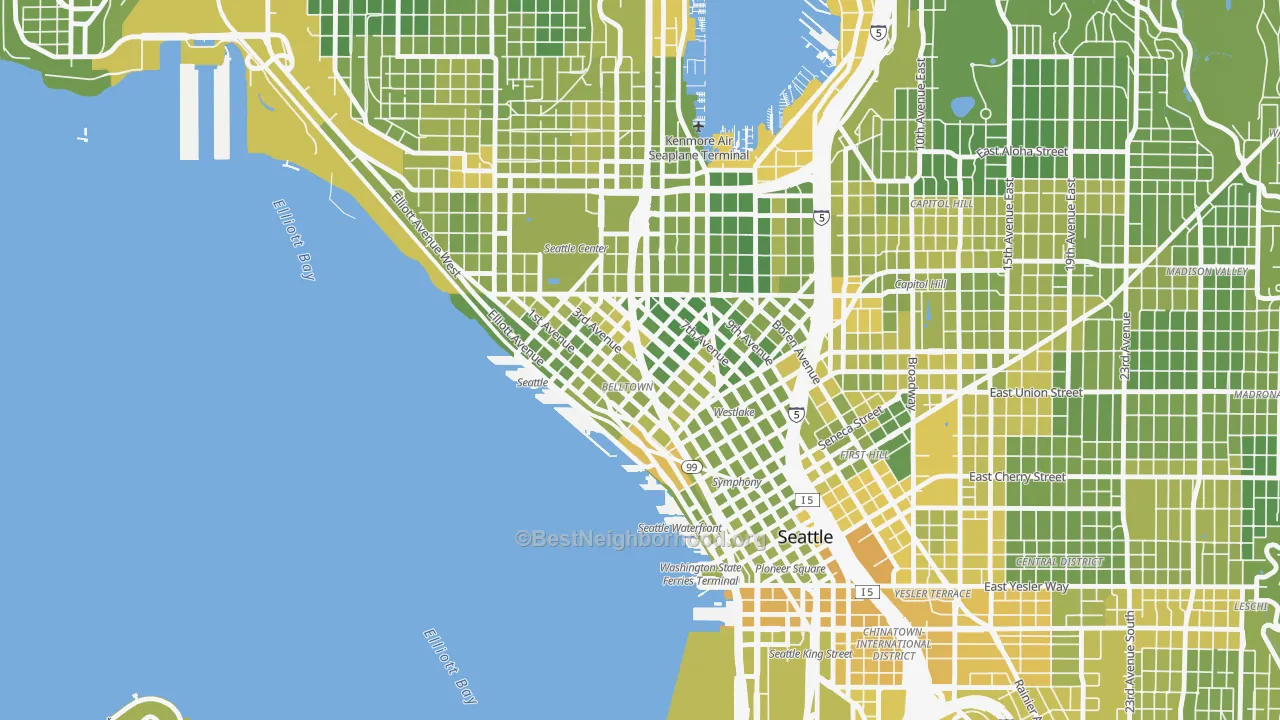 Map of the best neighborhoods in the Belltown, Seattle area, with better matches in green and worse matches in red