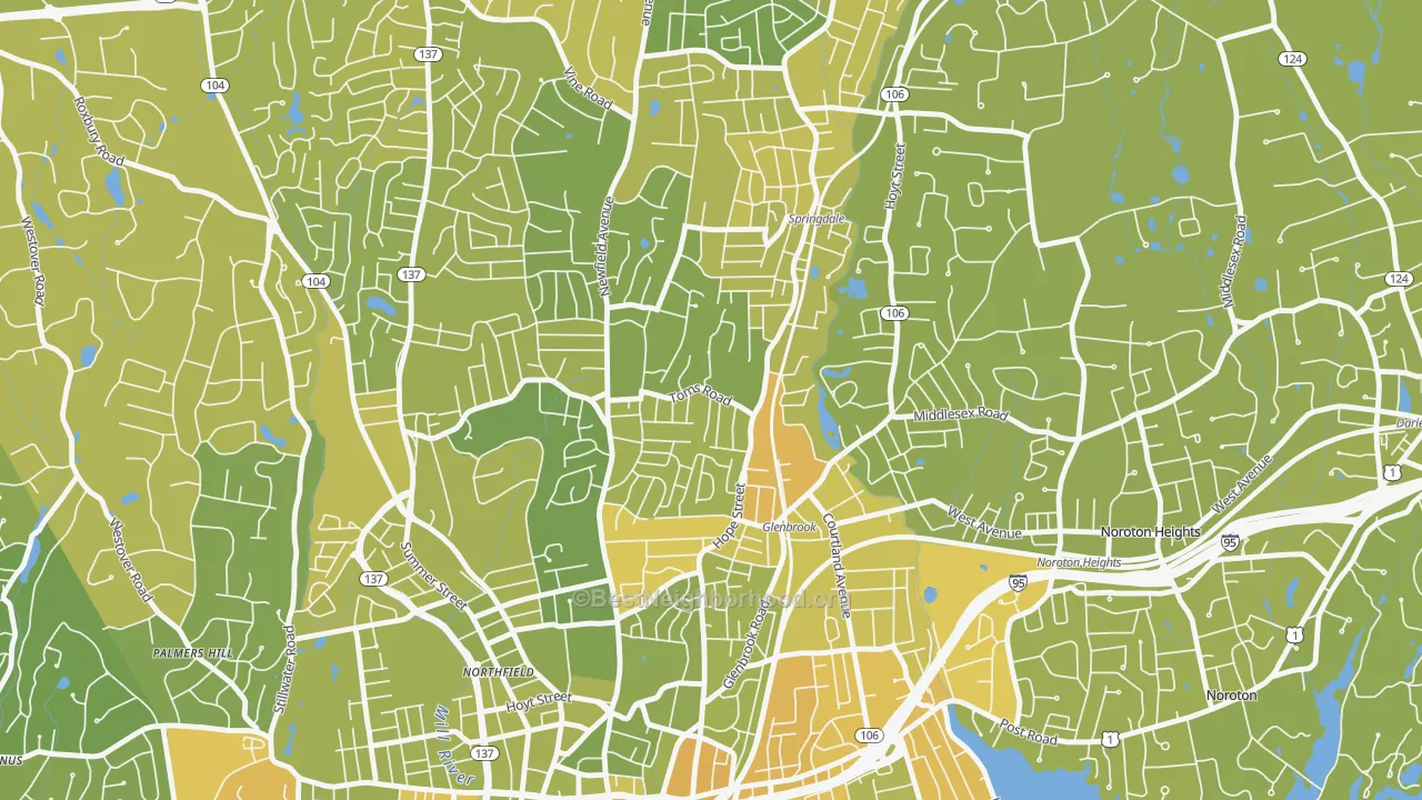 Map of the best neighborhoods in the Belltown, Stamford area, with better matches in green and worse matches in red