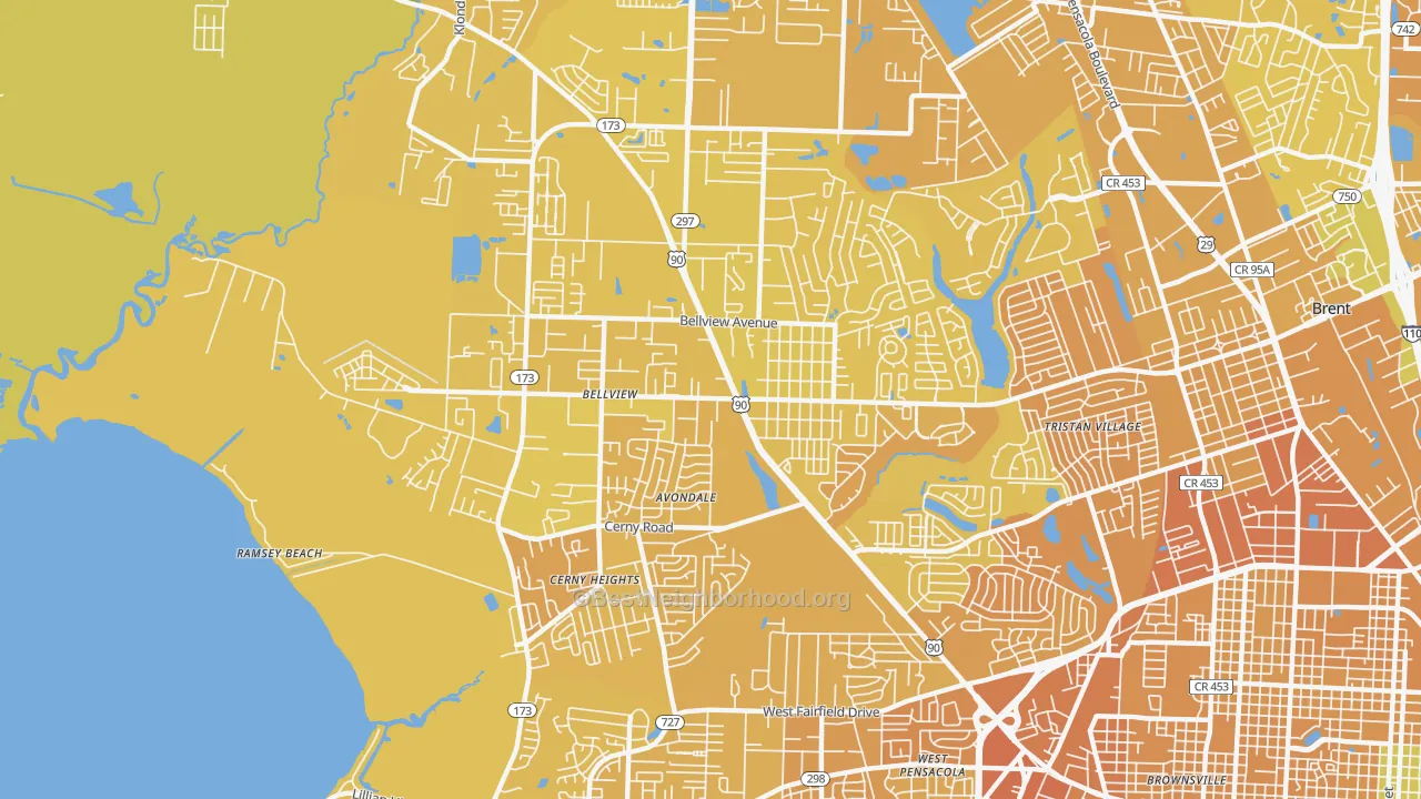 Map of the best neighborhoods in the Bellview area, with better matches in green and worse matches in red