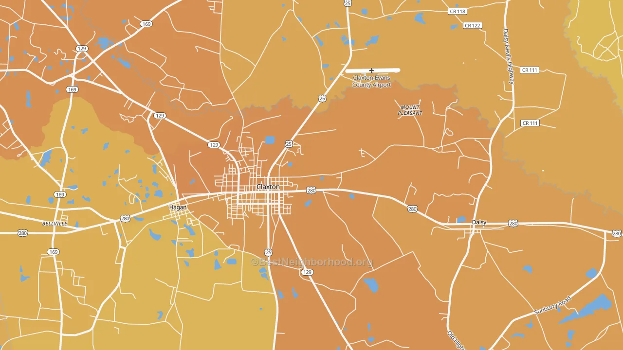 Map of the best neighborhoods in the Bellville area, with better matches in green and worse matches in red