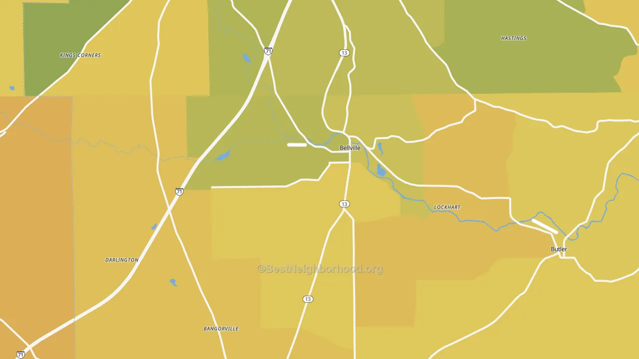 Map of the best neighborhoods in the Bellville area, with better matches in green and worse matches in red