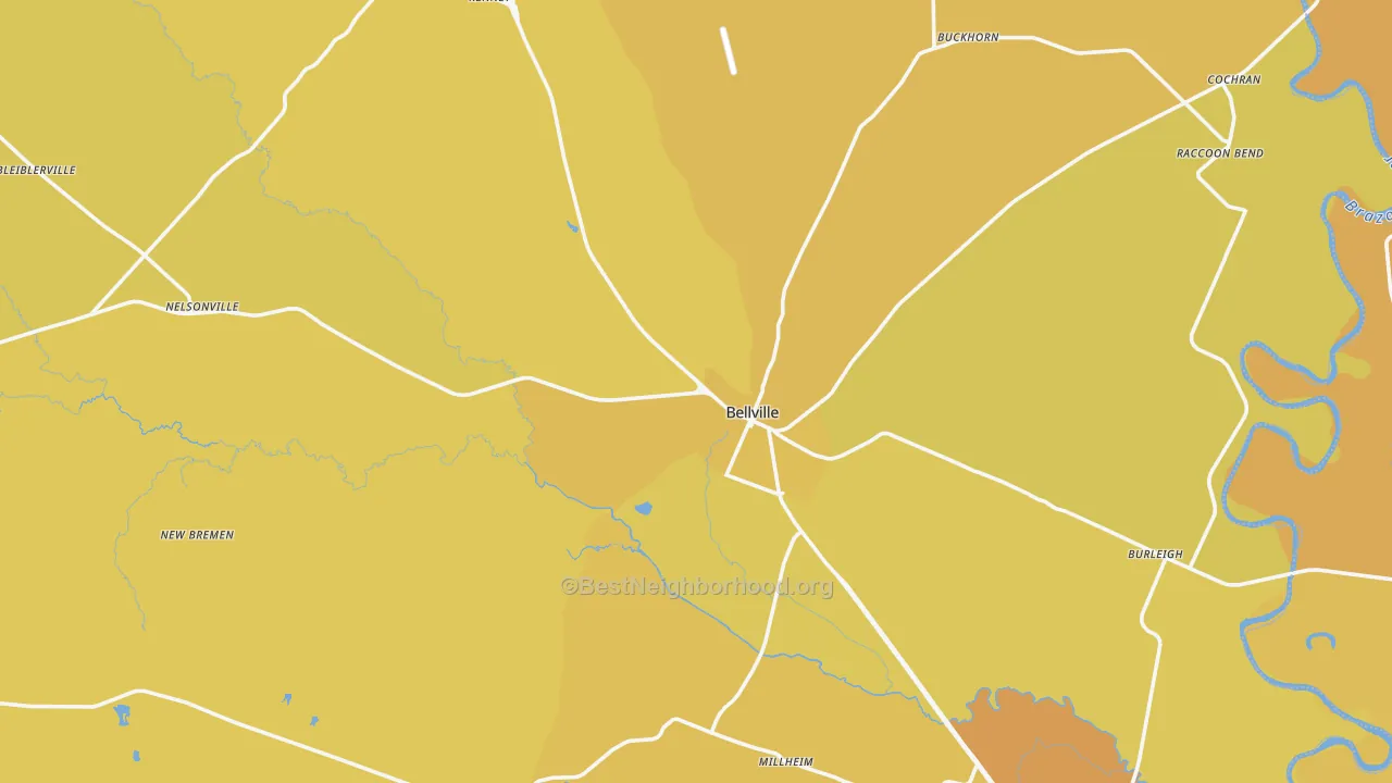 Map of the best neighborhoods in the Bellville area, with better matches in green and worse matches in red