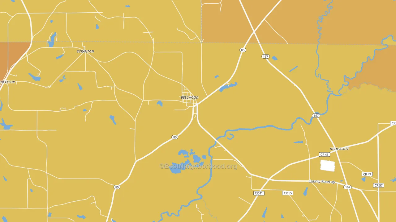 Map of the best neighborhoods in the Bellwood area, with better matches in green and worse matches in red