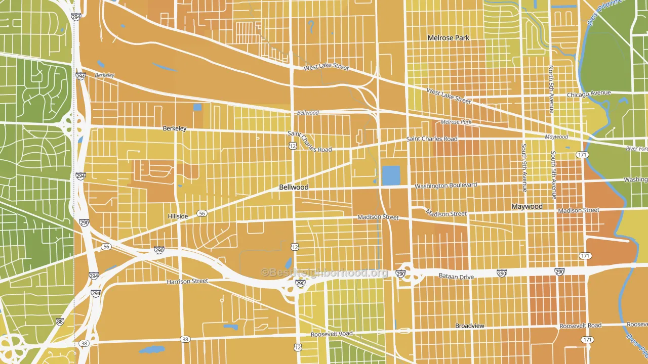 Map of the best neighborhoods in the Bellwood area, with better matches in green and worse matches in red