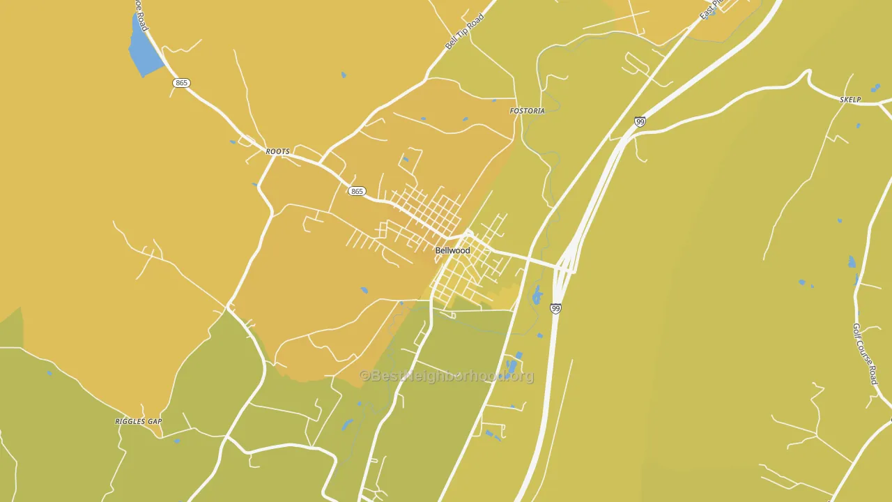 Map of the best neighborhoods in the Bellwood area, with better matches in green and worse matches in red