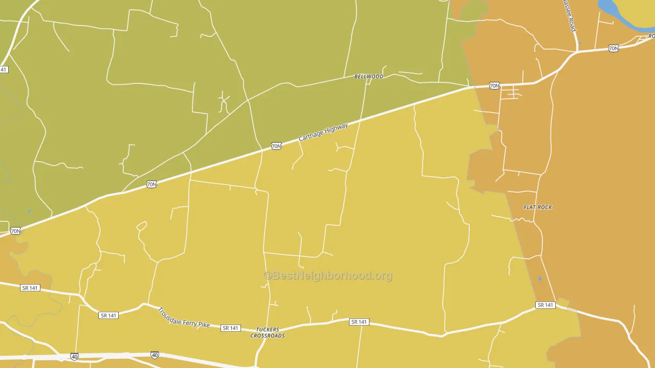 Map of the best neighborhoods in the Bellwood area, with better matches in green and worse matches in red