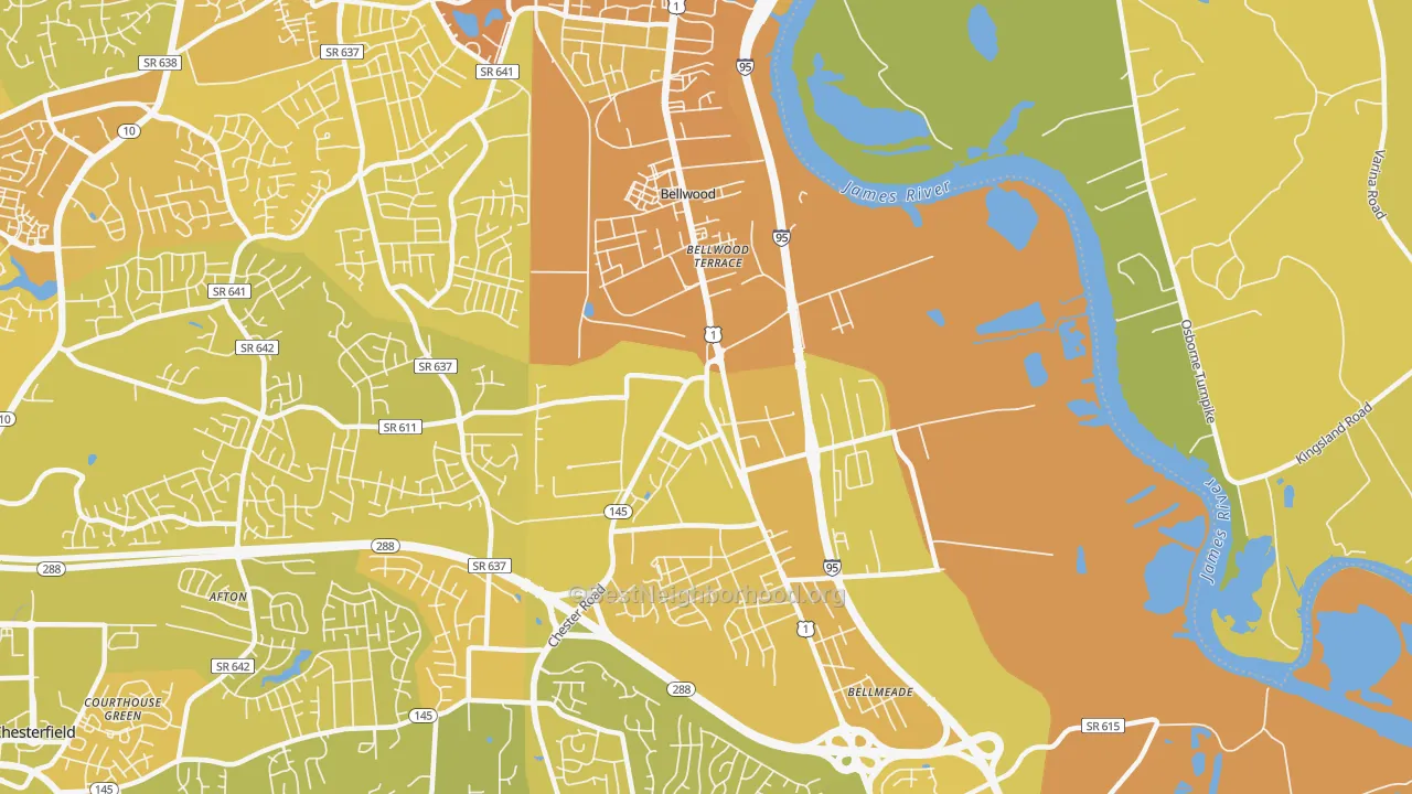 Map of the best neighborhoods in the Bellwood area, with better matches in green and worse matches in red