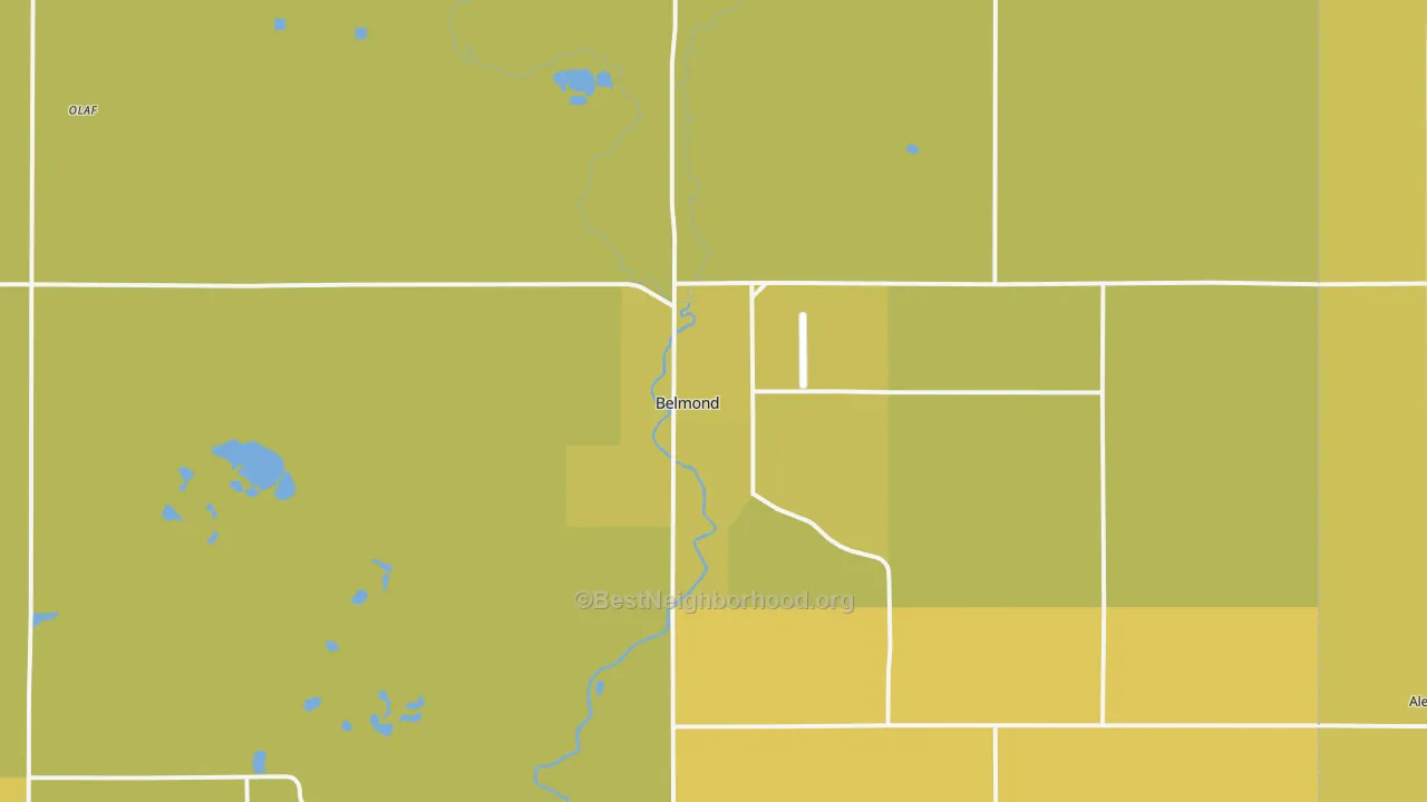 Map of the best neighborhoods in the Belmond area, with better matches in green and worse matches in red
