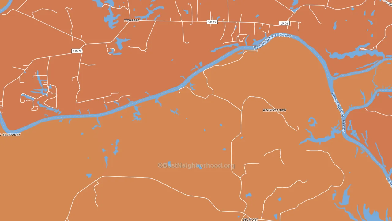 Map of the best neighborhoods in the Belmont area, with better matches in green and worse matches in red