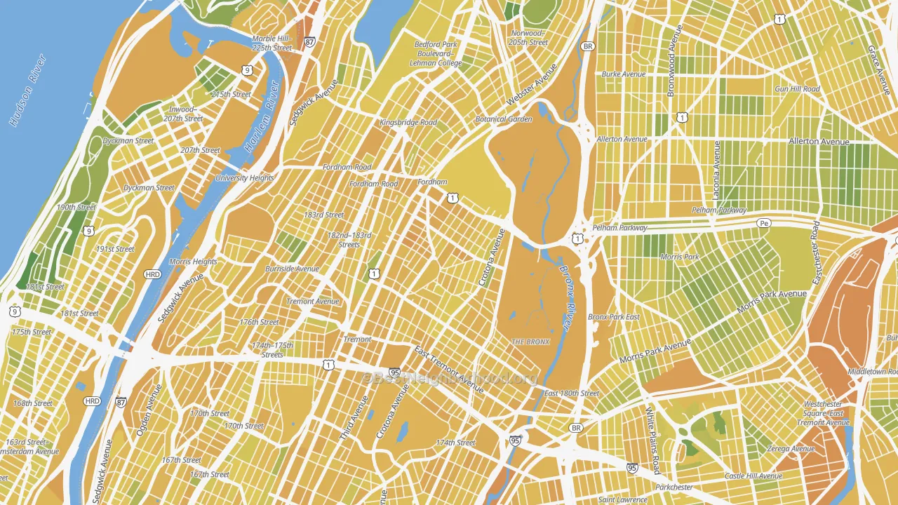 Map of the best neighborhoods in the Belmont, Bronx area, with better matches in green and worse matches in red