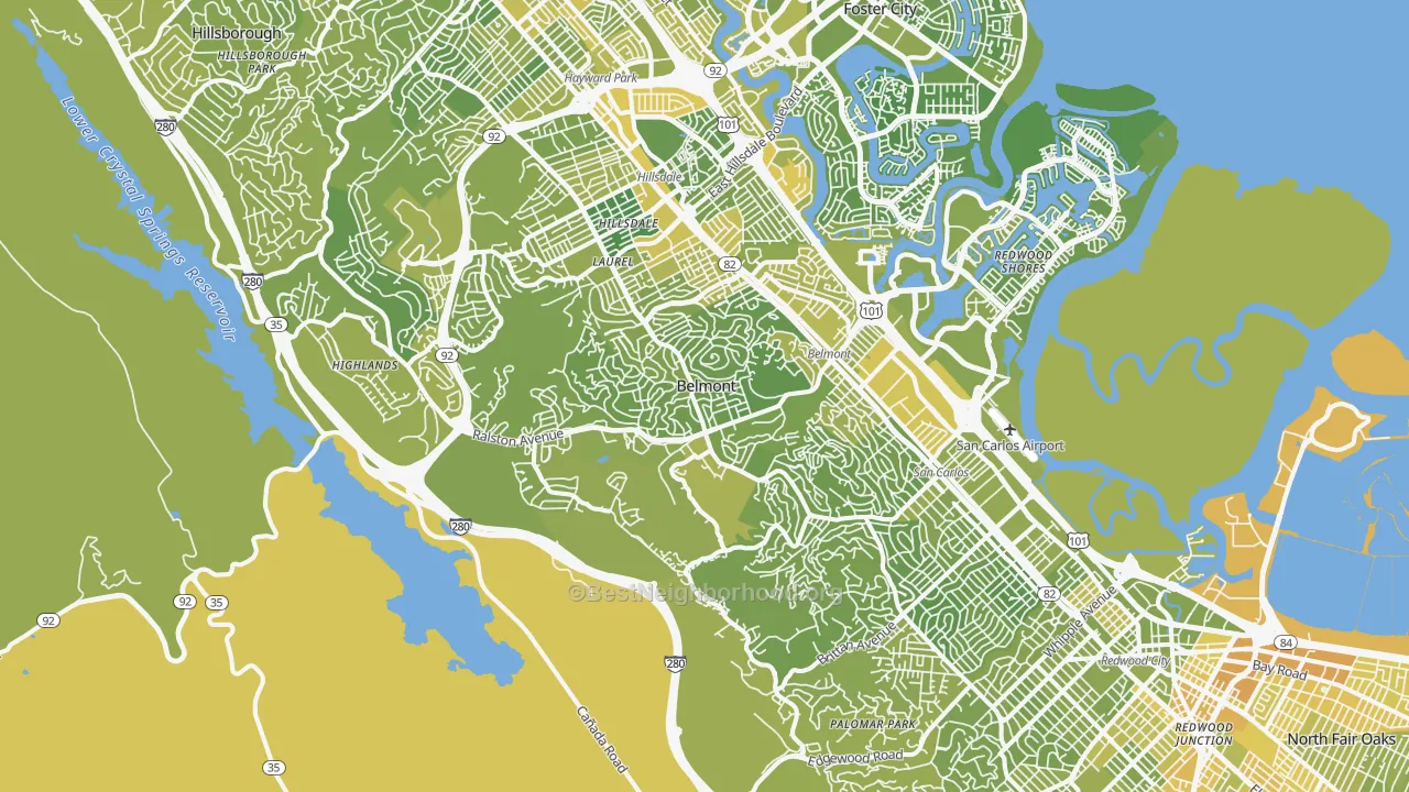 Map of the best neighborhoods in the Belmont area, with better matches in green and worse matches in red