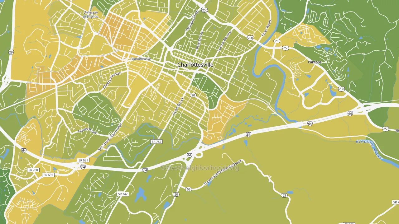 Map of the best neighborhoods in the Belmont-Charlottesville, Charlottesville area, with better matches in green and worse matches in red