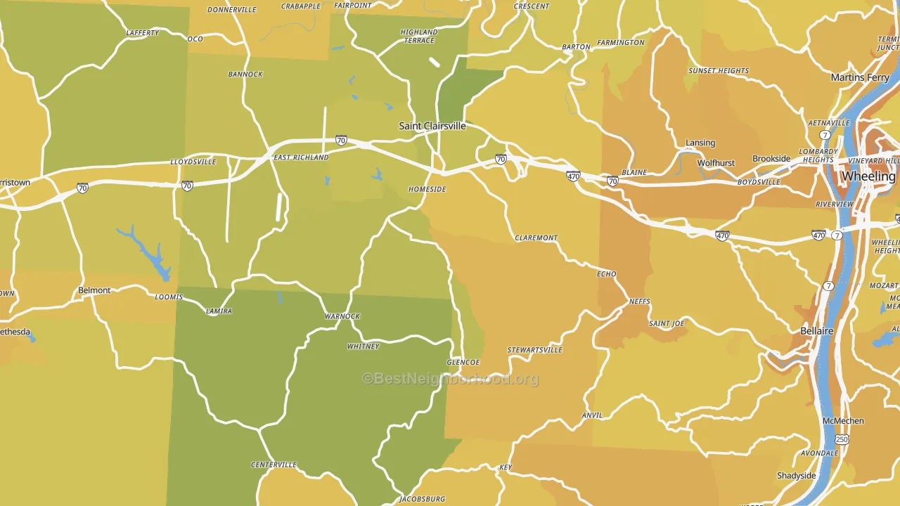Map of the best neighborhoods in the Belmont County area, with better matches in green and worse matches in red