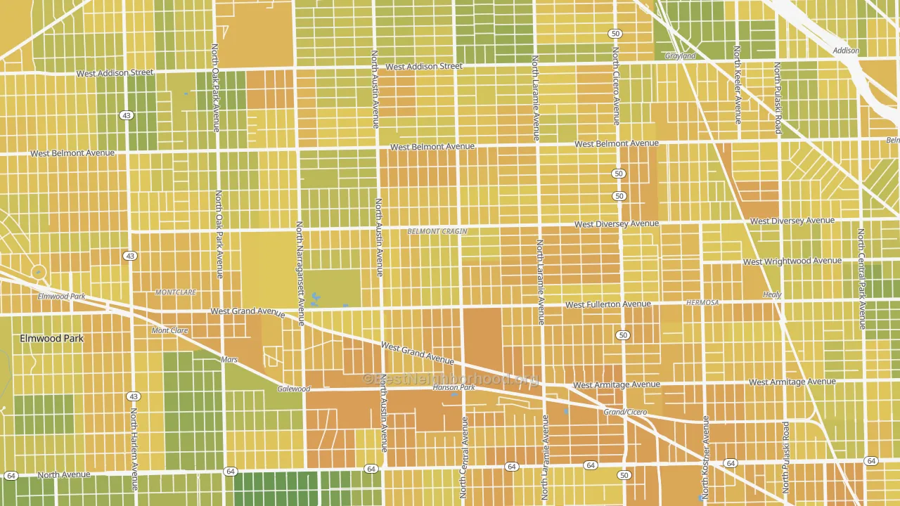 Map of the best neighborhoods in the Belmont Cragin, Chicago area, with better matches in green and worse matches in red