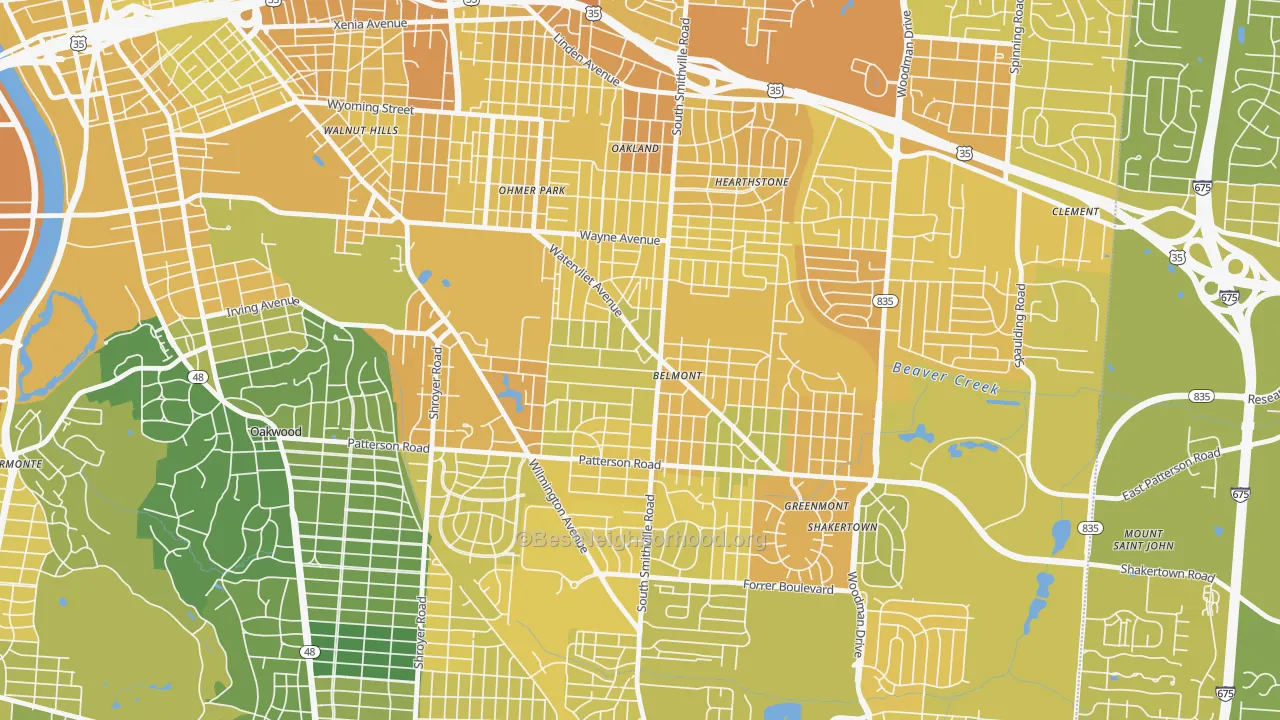 Map of the best neighborhoods in the Belmont, Dayton area, with better matches in green and worse matches in red