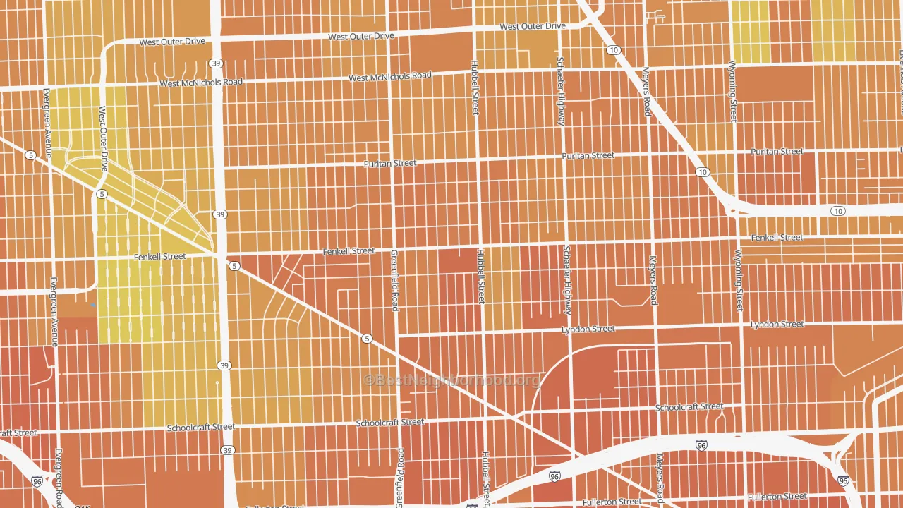 Map of the best neighborhoods in the Belmont, Detroit area, with better matches in green and worse matches in red