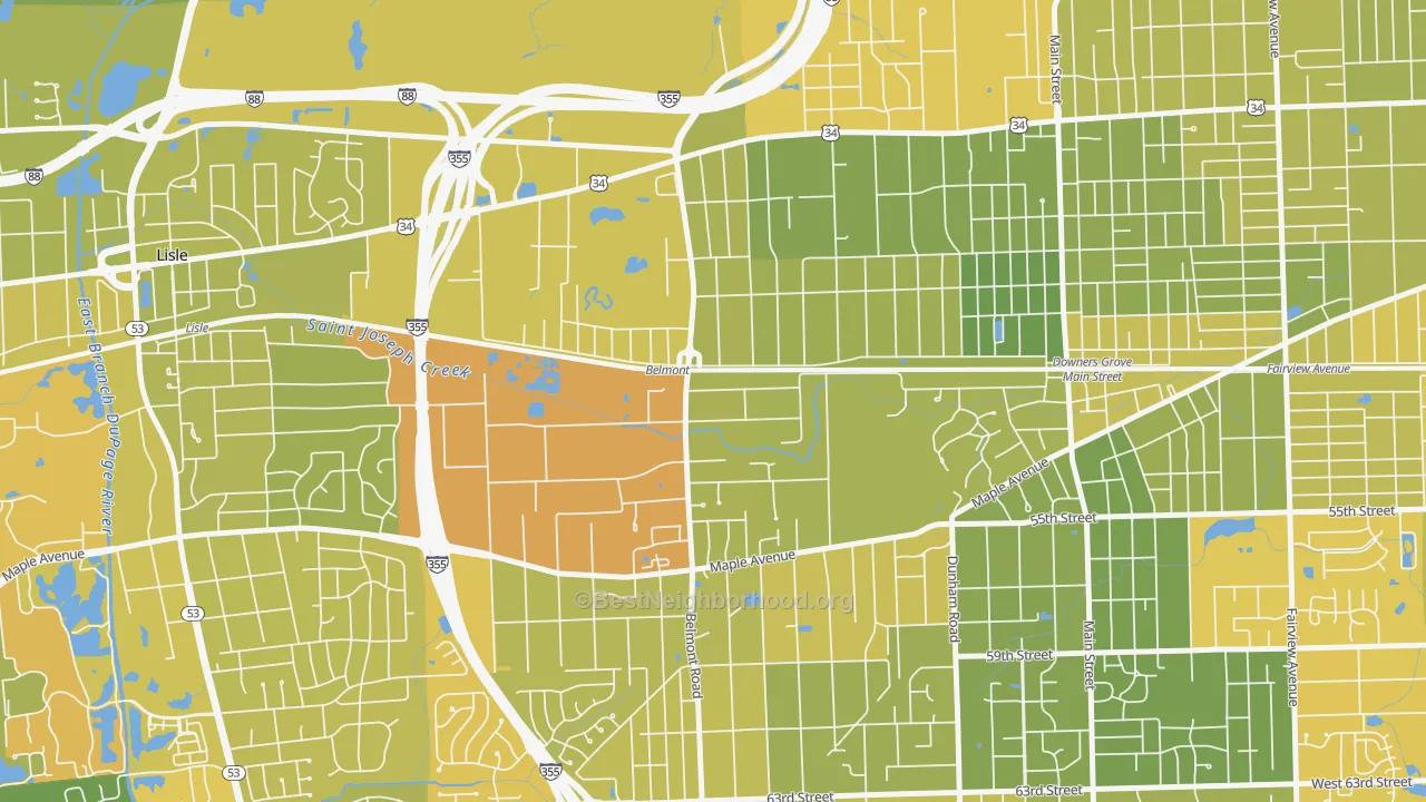 Map of the best neighborhoods in the Belmont, Downers Grove area, with better matches in green and worse matches in red