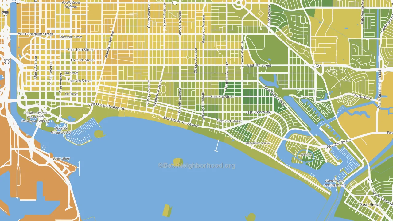 Map of the best neighborhoods in the Belmont Heights, Long Beach area, with better matches in green and worse matches in red