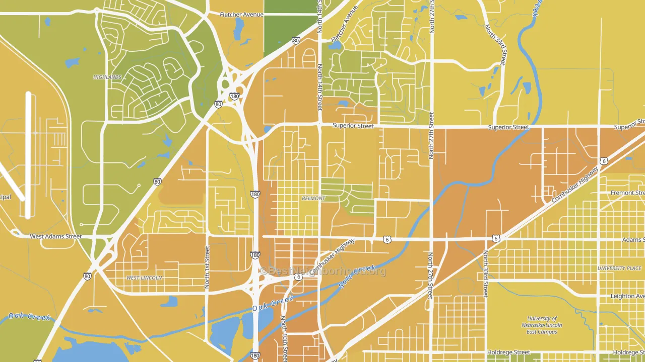 Map of the best neighborhoods in the Belmont, Lincoln area, with better matches in green and worse matches in red