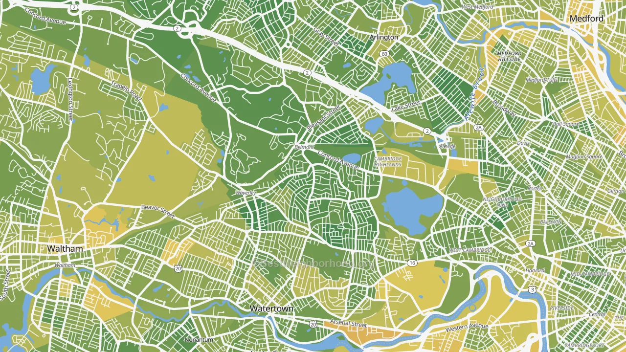 Map of the best neighborhoods in the Belmont area, with better matches in green and worse matches in red