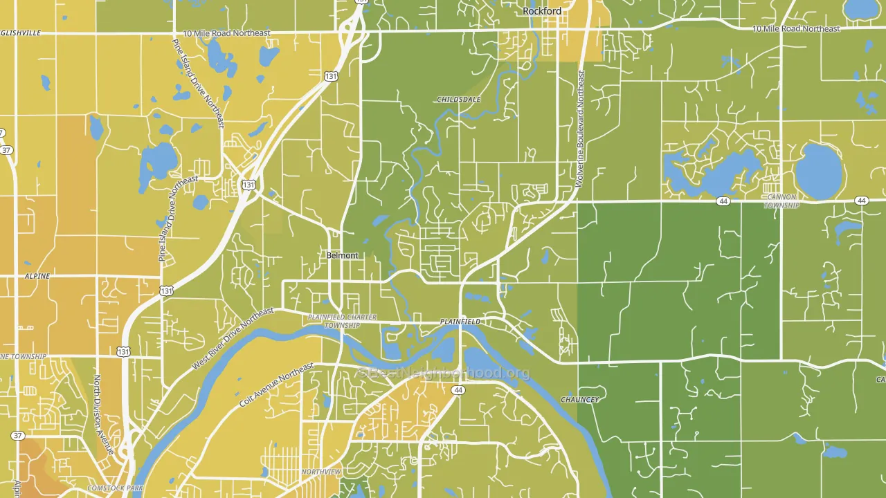 Map of the best neighborhoods in the Belmont area, with better matches in green and worse matches in red