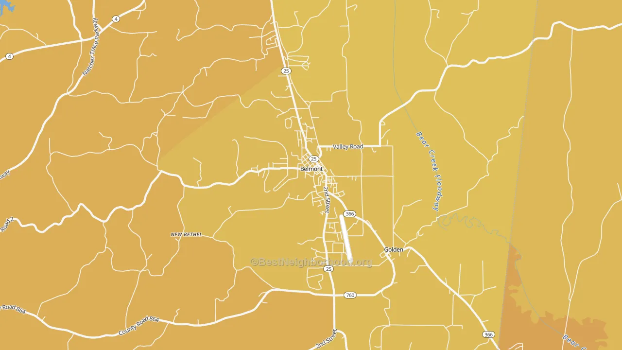 Map of the best neighborhoods in the Belmont area, with better matches in green and worse matches in red