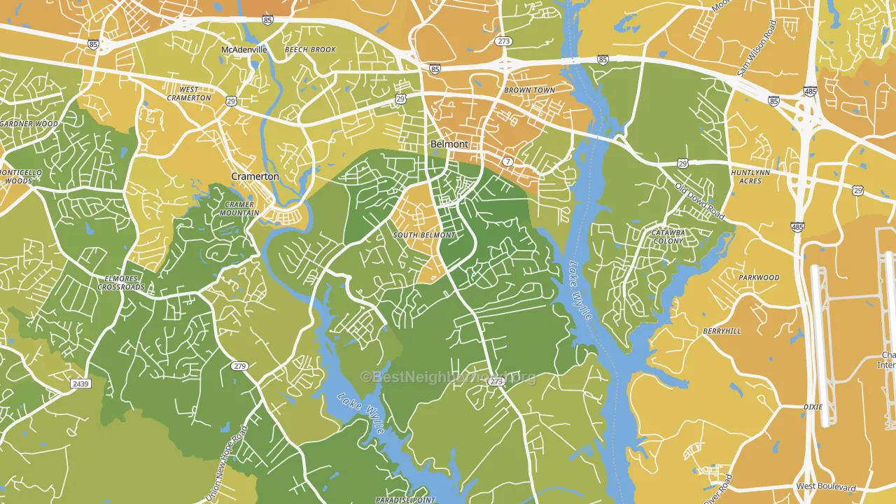 Map of the best neighborhoods in the Belmont area, with better matches in green and worse matches in red