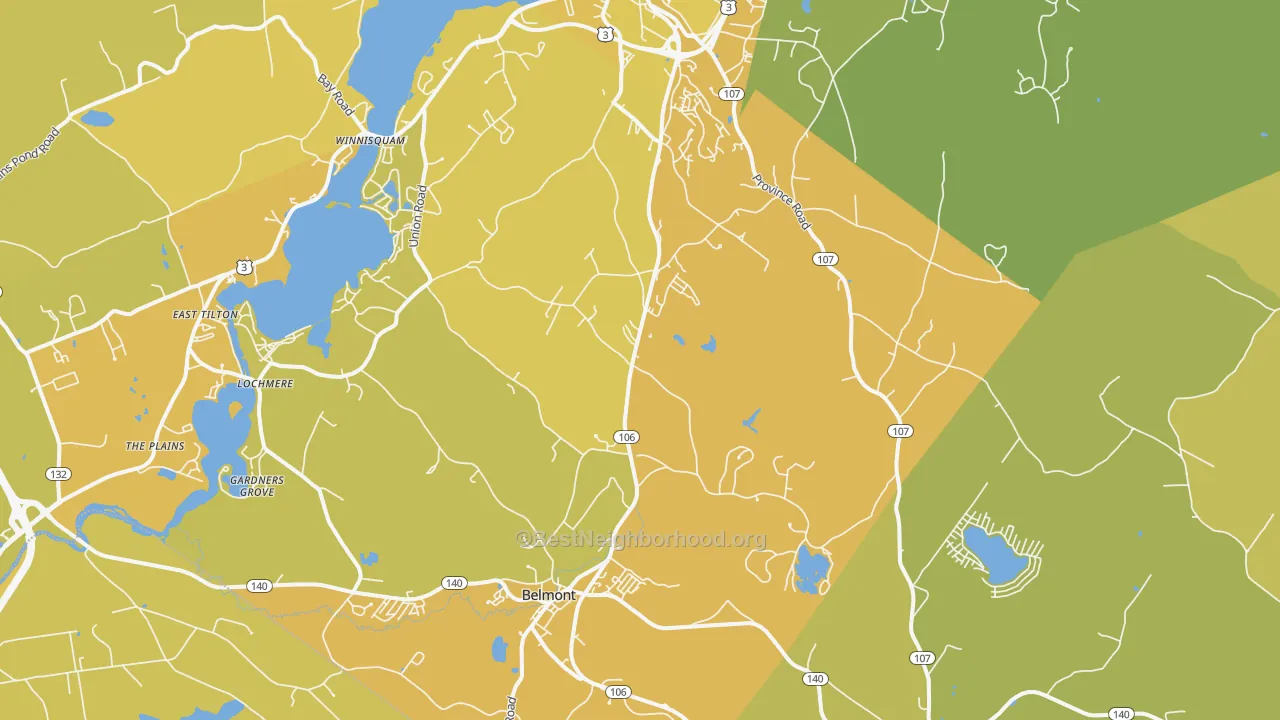 Map of the best neighborhoods in the Belmont area, with better matches in green and worse matches in red
