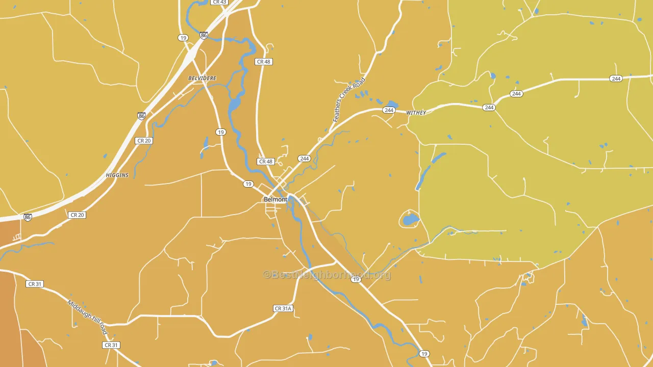 Map of the best neighborhoods in the Belmont area, with better matches in green and worse matches in red