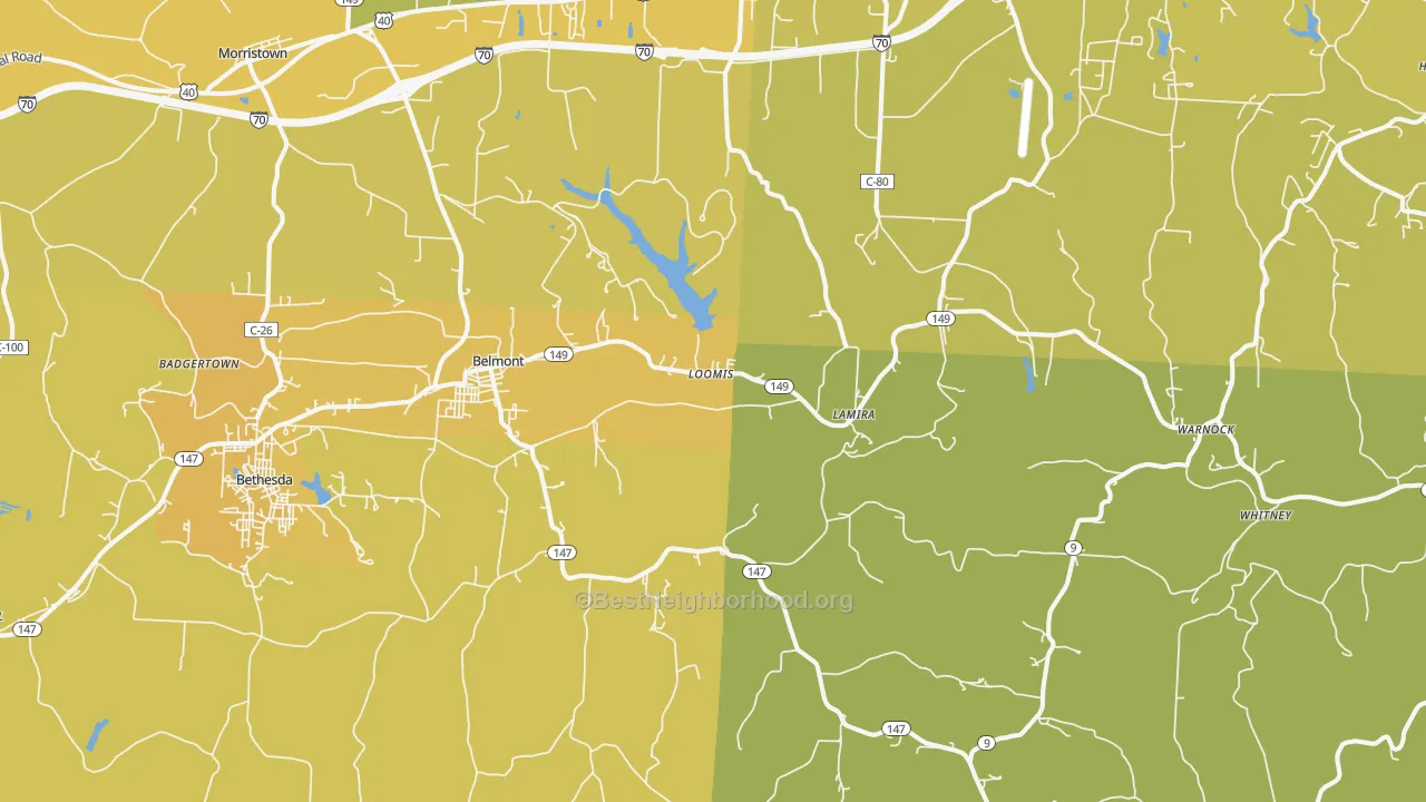 Map of the best neighborhoods in the Belmont area, with better matches in green and worse matches in red