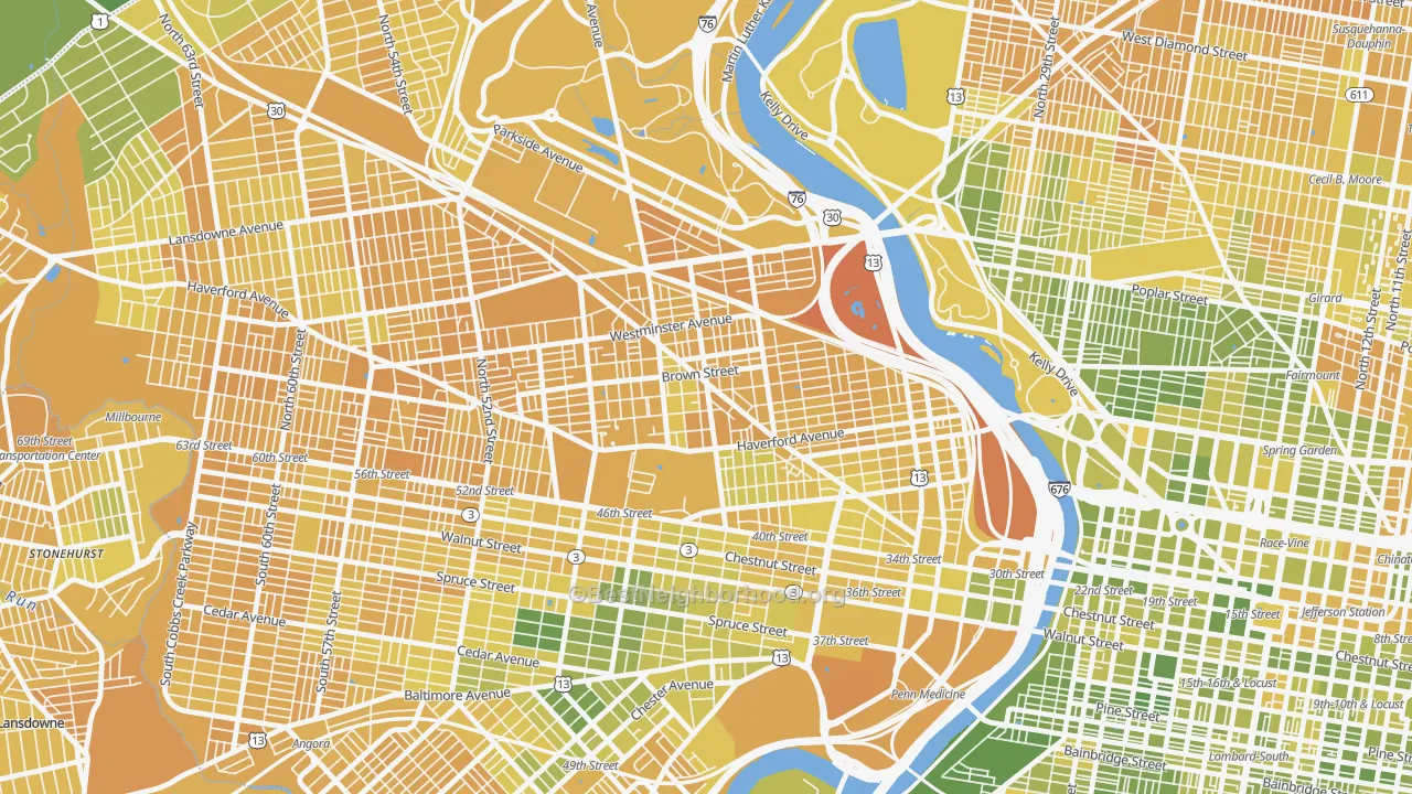 Map of the best neighborhoods in the Belmont, Philadelphia area, with better matches in green and worse matches in red