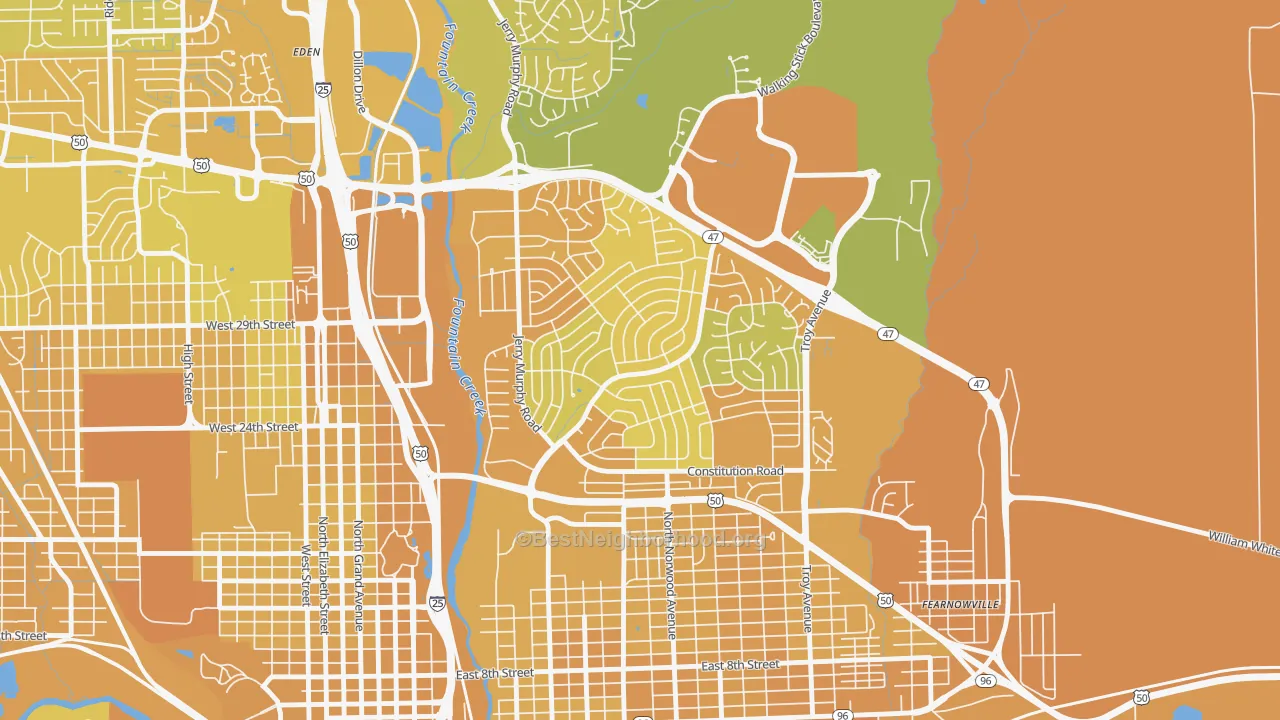 Map of the best neighborhoods in the Belmont, Pueblo area, with better matches in green and worse matches in red