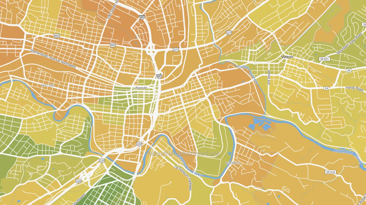 Map of the best neighborhoods in the Belmont, Roanoke area, with better matches in green and worse matches in red