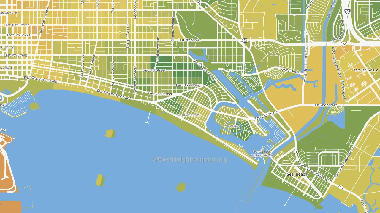 Map of the best neighborhoods in the Belmont Shore, Long Beach area, with better matches in green and worse matches in red