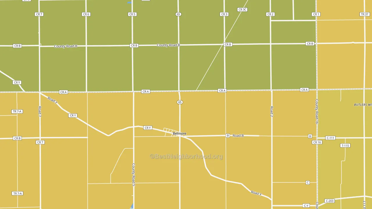 Map of the best neighborhoods in the Belmore area, with better matches in green and worse matches in red