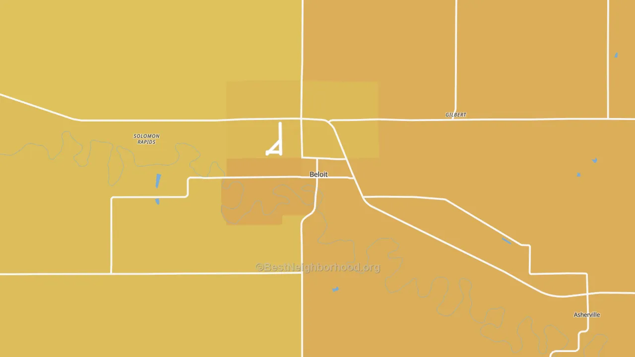 Map of the best neighborhoods in the Beloit area, with better matches in green and worse matches in red
