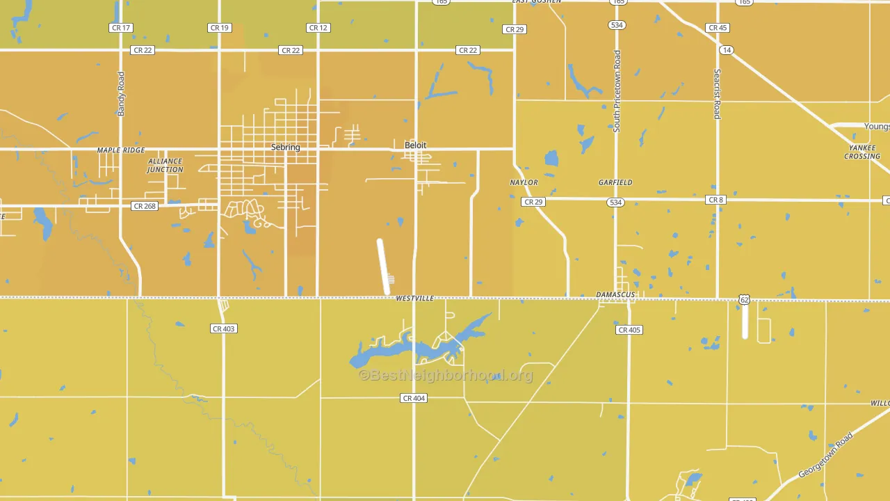Map of the best neighborhoods in the Beloit area, with better matches in green and worse matches in red