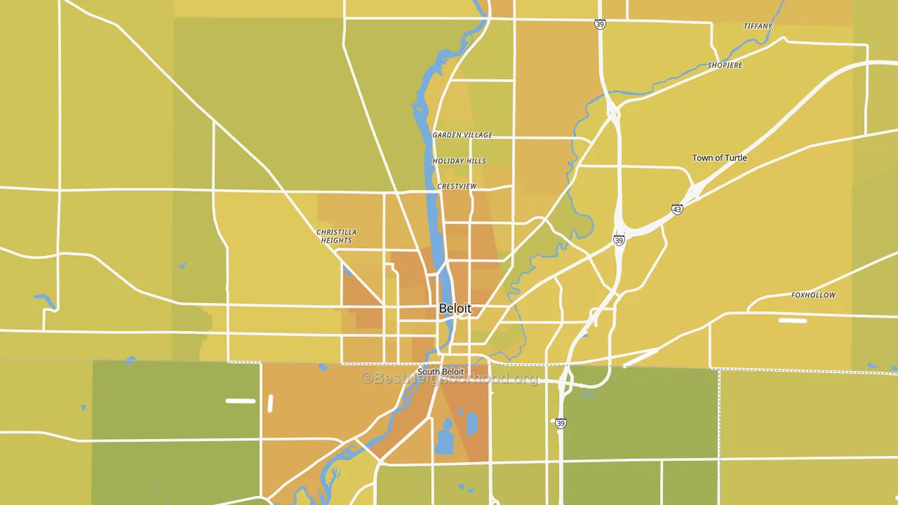 Map of the best neighborhoods in the Beloit area, with better matches in green and worse matches in red