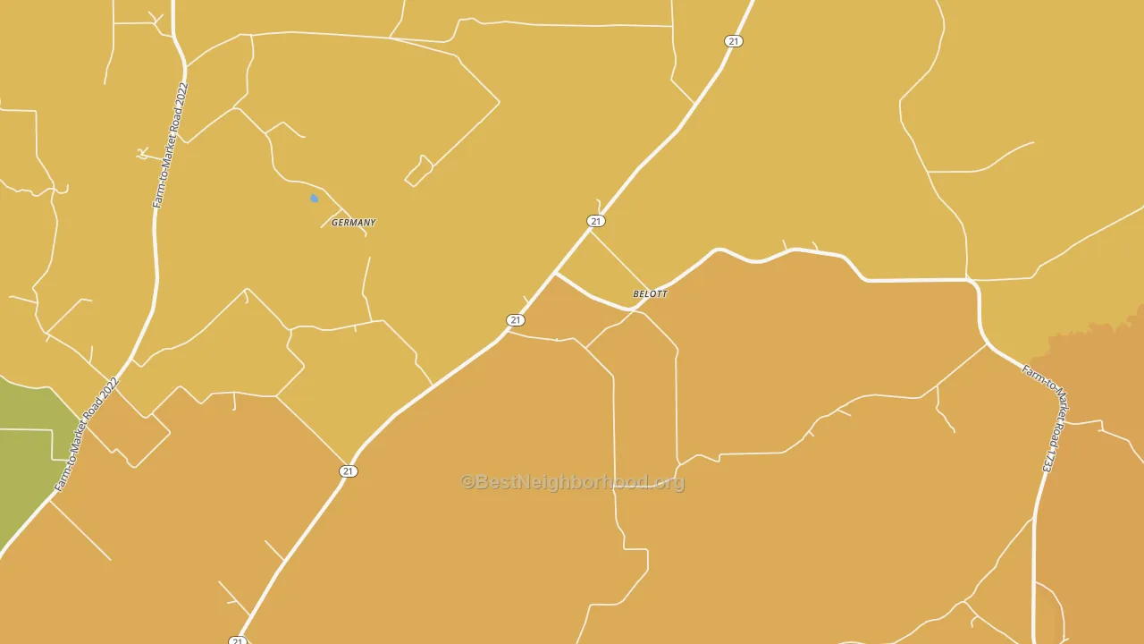 Map of the best neighborhoods in the Belott area, with better matches in green and worse matches in red