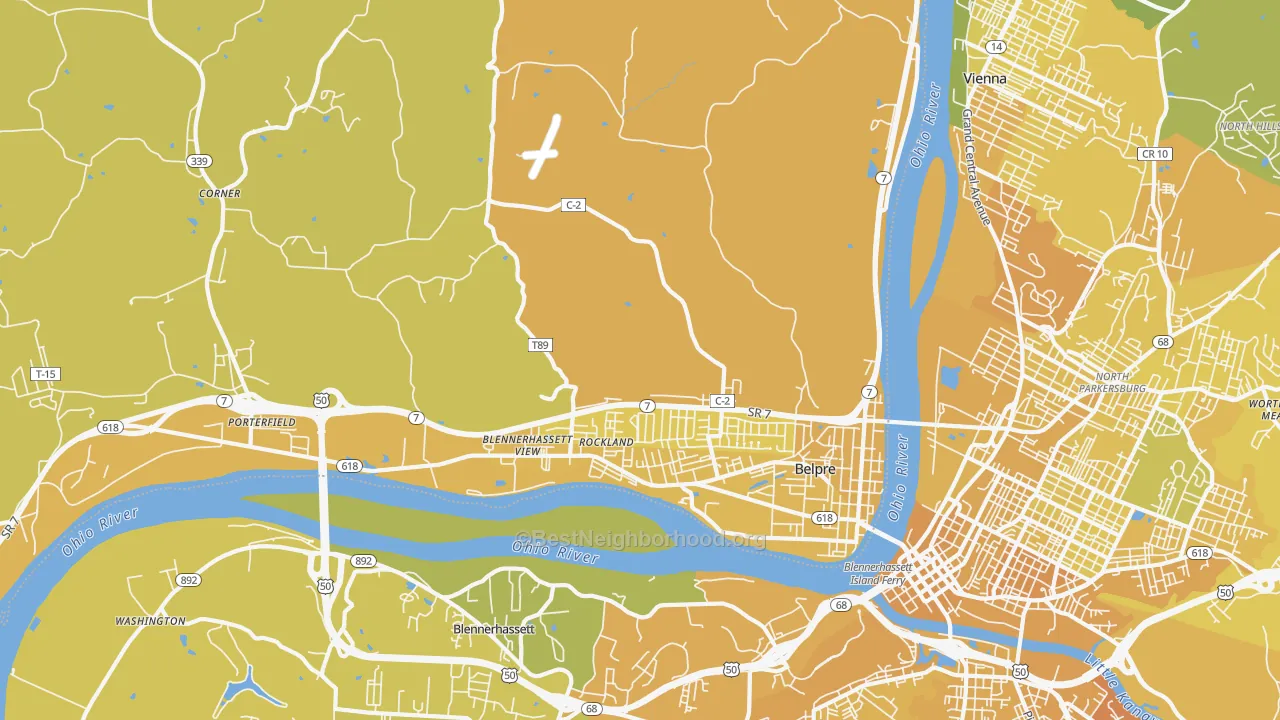 Map of the best neighborhoods in the Belpre area, with better matches in green and worse matches in red
