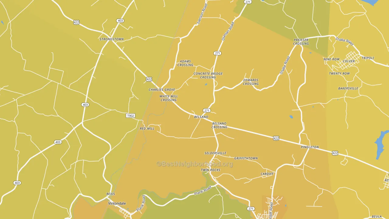 Map of the best neighborhoods in the Belsano area, with better matches in green and worse matches in red