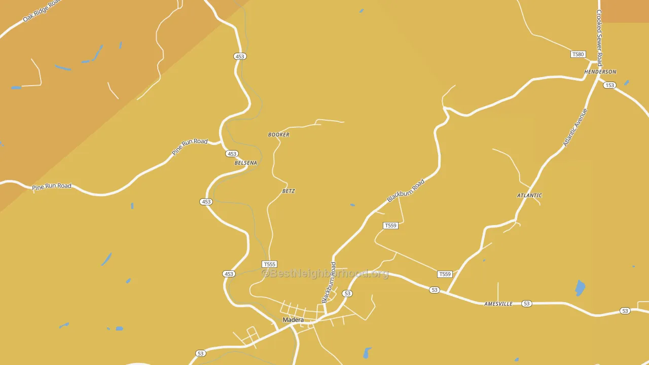 Map of the best neighborhoods in the Belsena Mills area, with better matches in green and worse matches in red